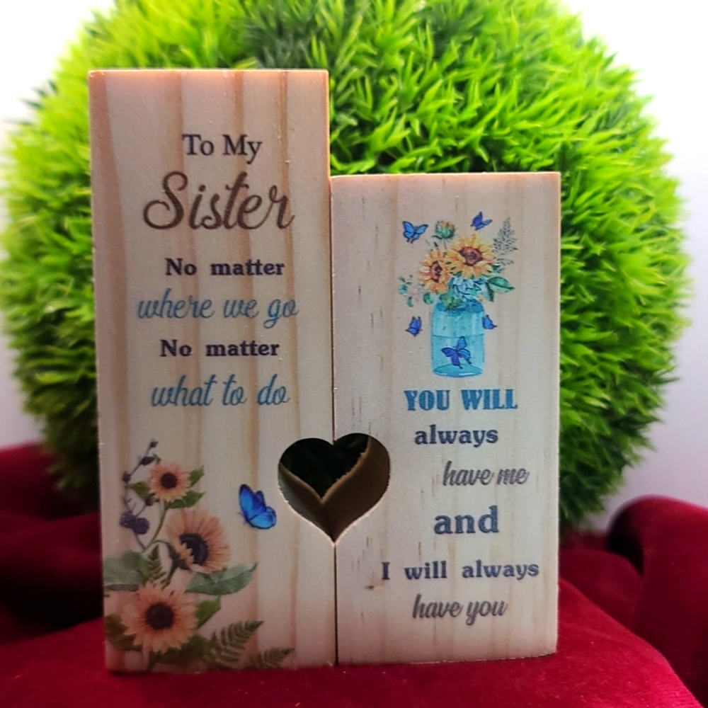 MY SISTER colorful poem on dual wooden pedestal tea light candle holders NWT